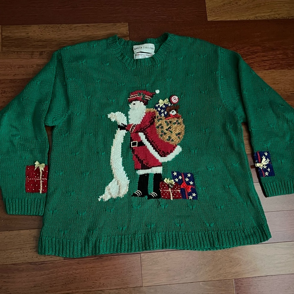 Vtg Marisa Christina Christmas Sweater Beads Bows Bell Wool Angora Blend M